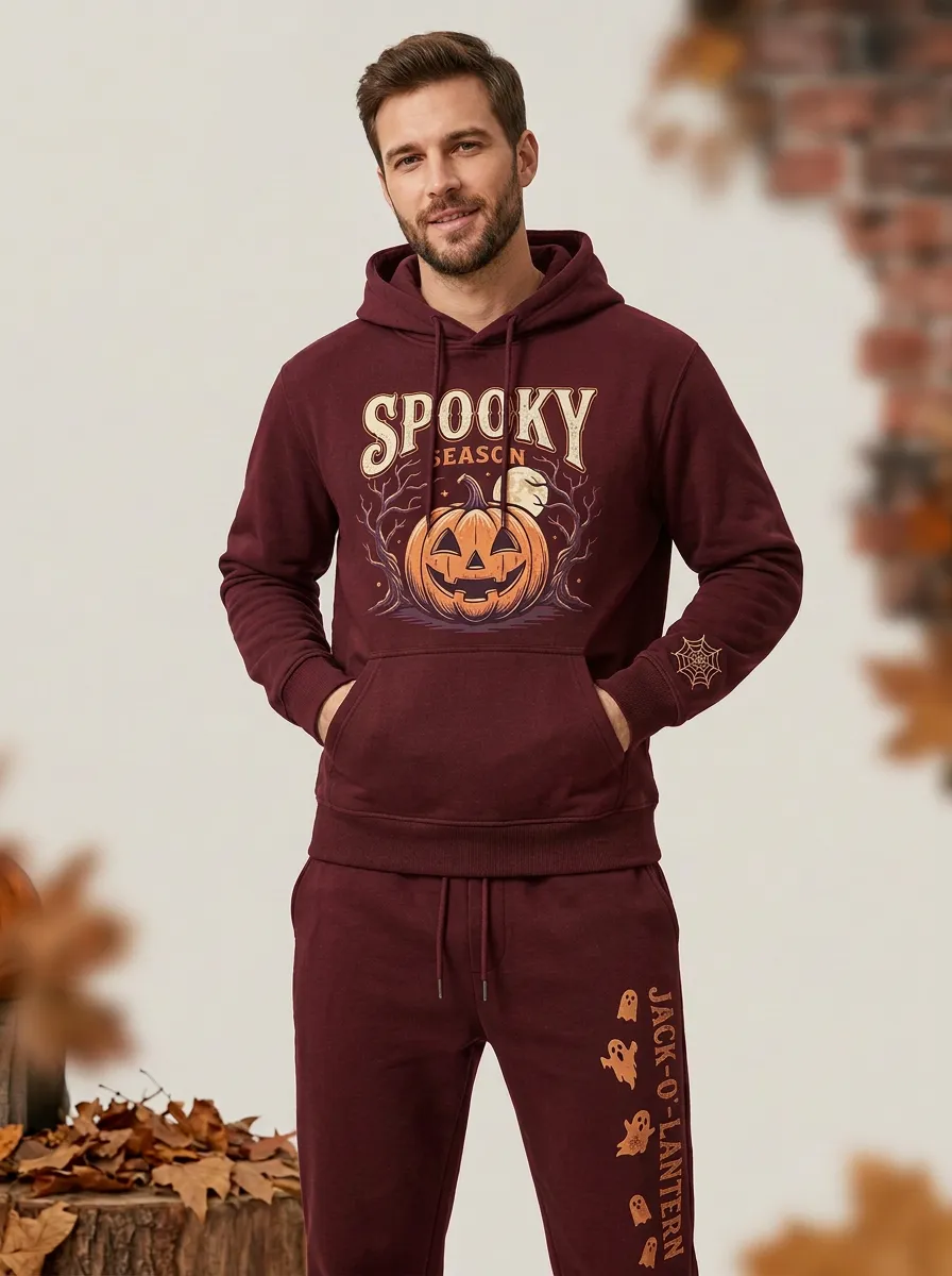 Men's Halloween Black Spooky Season Pumpkin Spiderweb-Sleeve Hoodie Jogger Set