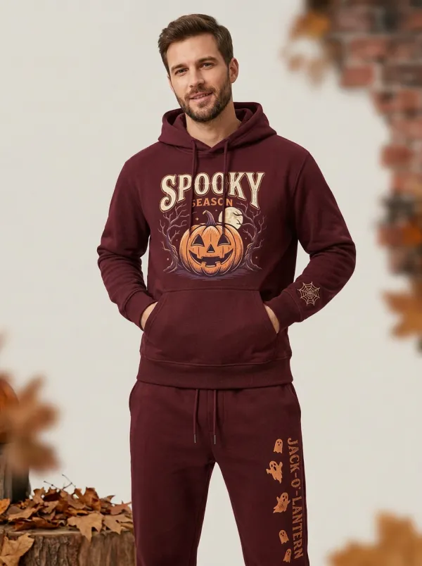 Men's Halloween Black Spooky Season Pumpkin Spiderweb-Sleeve Hoodie Jogger Set