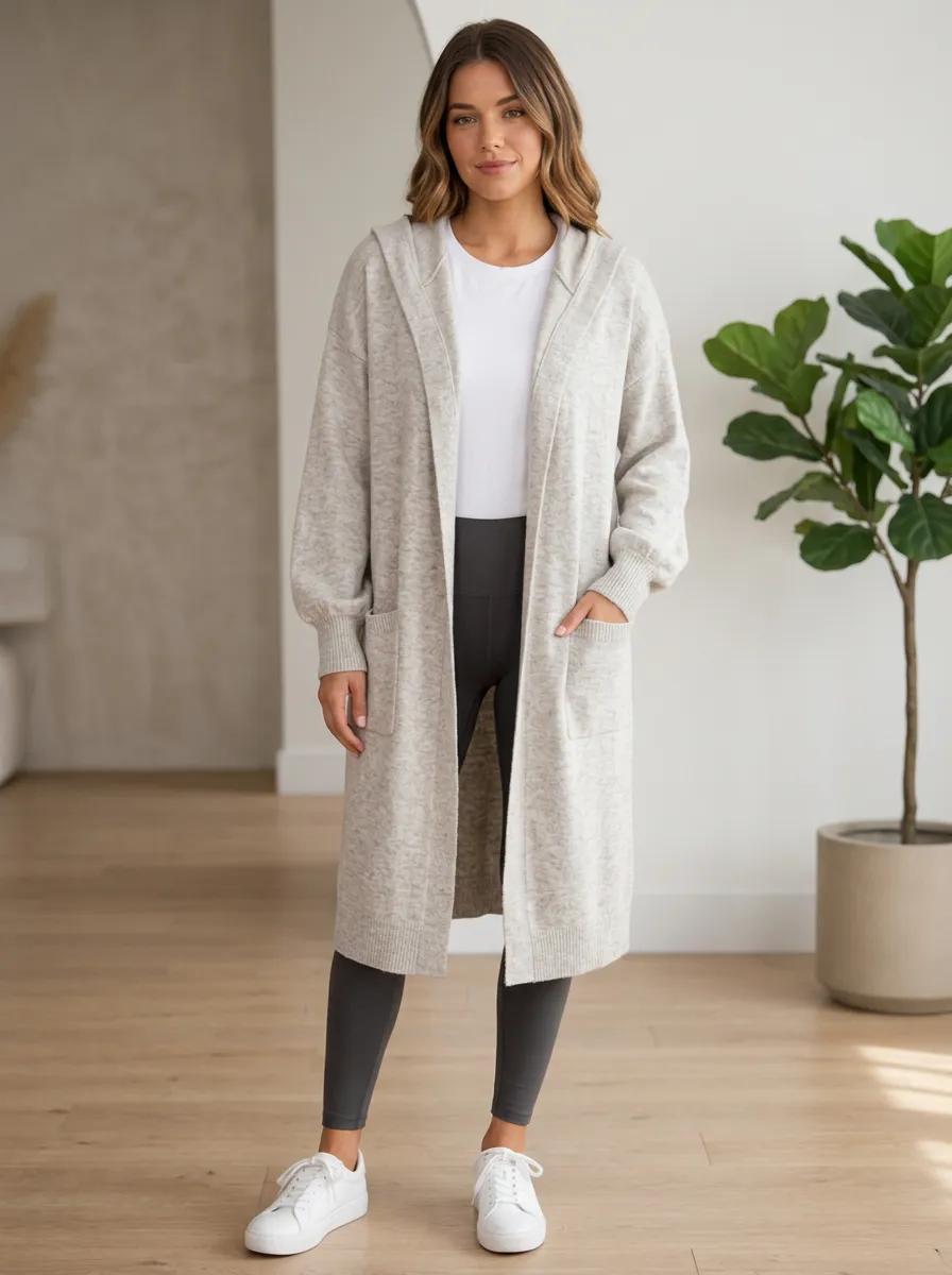 Women's Light Heather Hooded Open-Front Cardigan