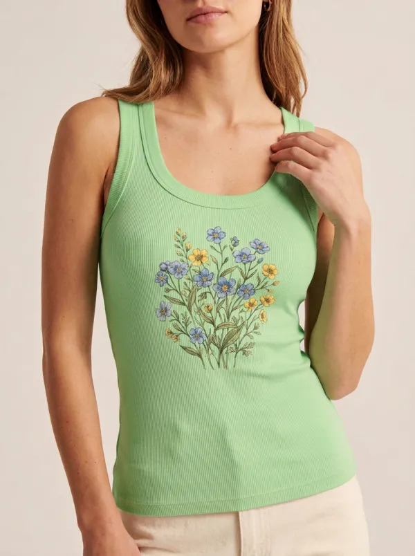 Women's Botanical Nature-Inspired Blue Yellow Wildflower Printed Tank Top