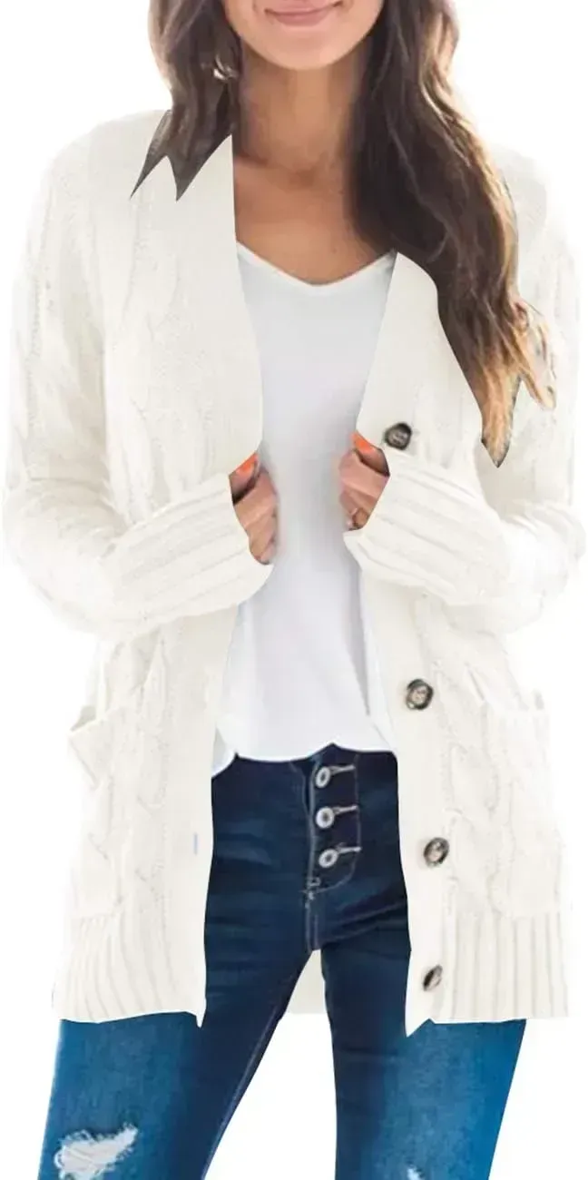 MEROKEETY Women's 2024 Fall Long Sleeve Cable Knit Sweater Open Front Cardigan Button Loose Outerwear