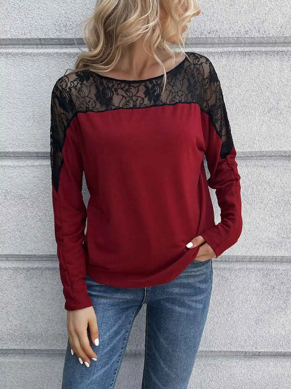Lace Long Sleeve Round Neck Tee