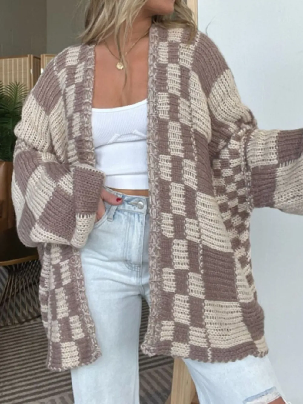 Plaid Open-Front Long-Sleeve Cardigan