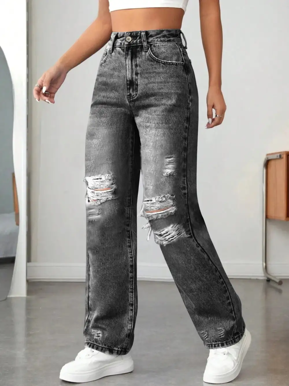 Relaxed High Waist Distressed Denim Jeans
