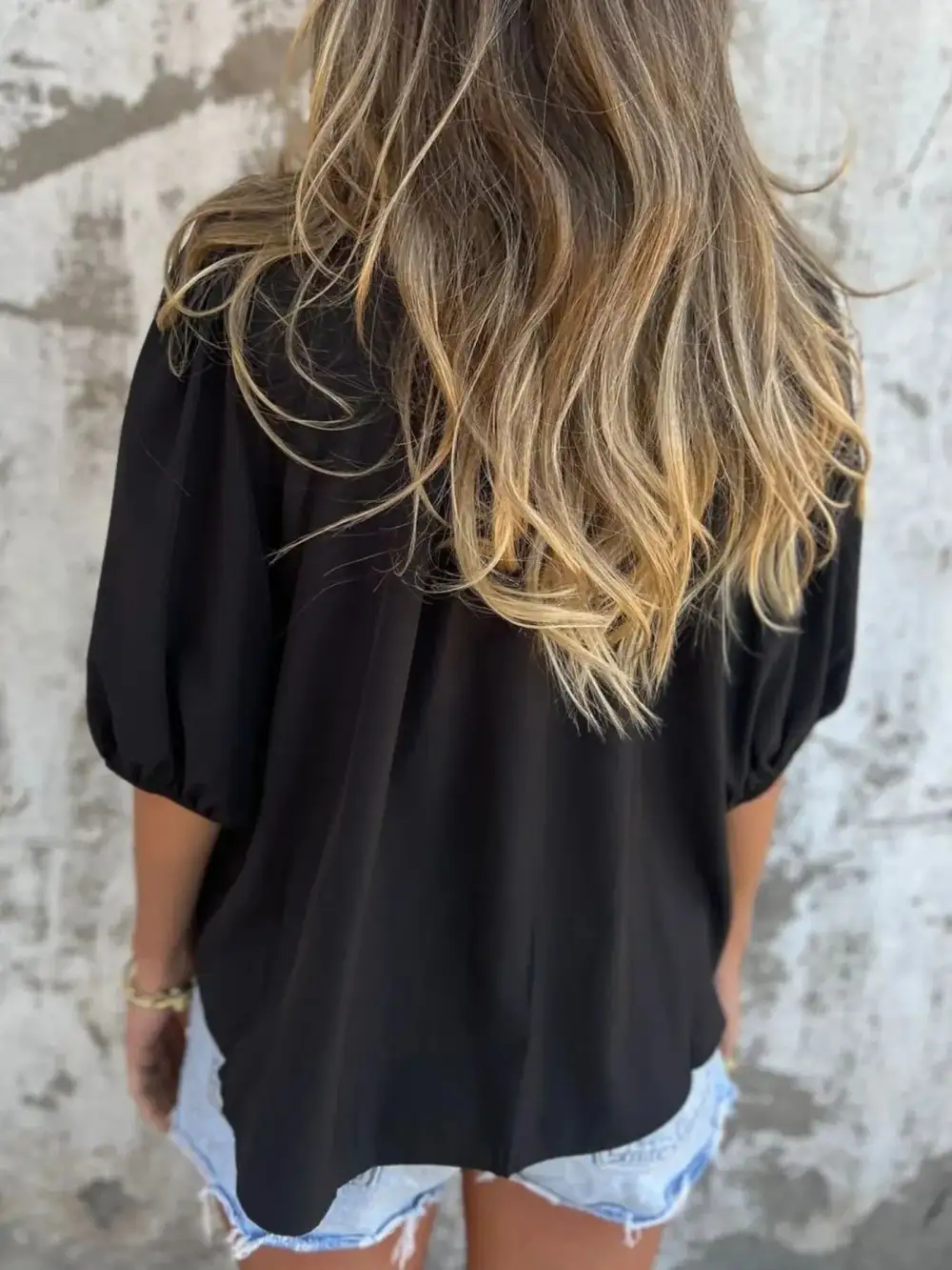 Smocked Puff-Sleeve Buttoned Blouse