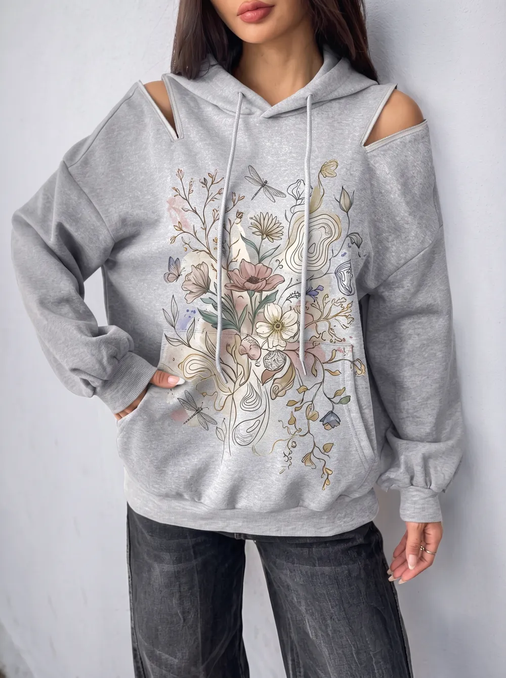 Women's Floral Dragonfly Botanical Printed Cold Shoulder Hoodie