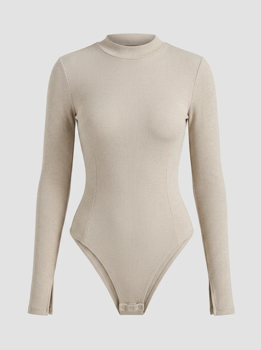 Women's Beige Mock Neck Ribbed Long Sleeve Bodysuit