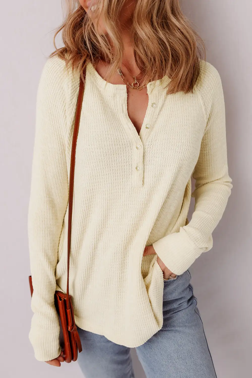 Women's Textured Knit Henley Neck Half Button Top