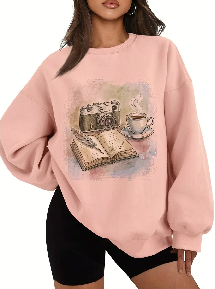 Women's Book Camera Coffee Graphic Sweatshirt