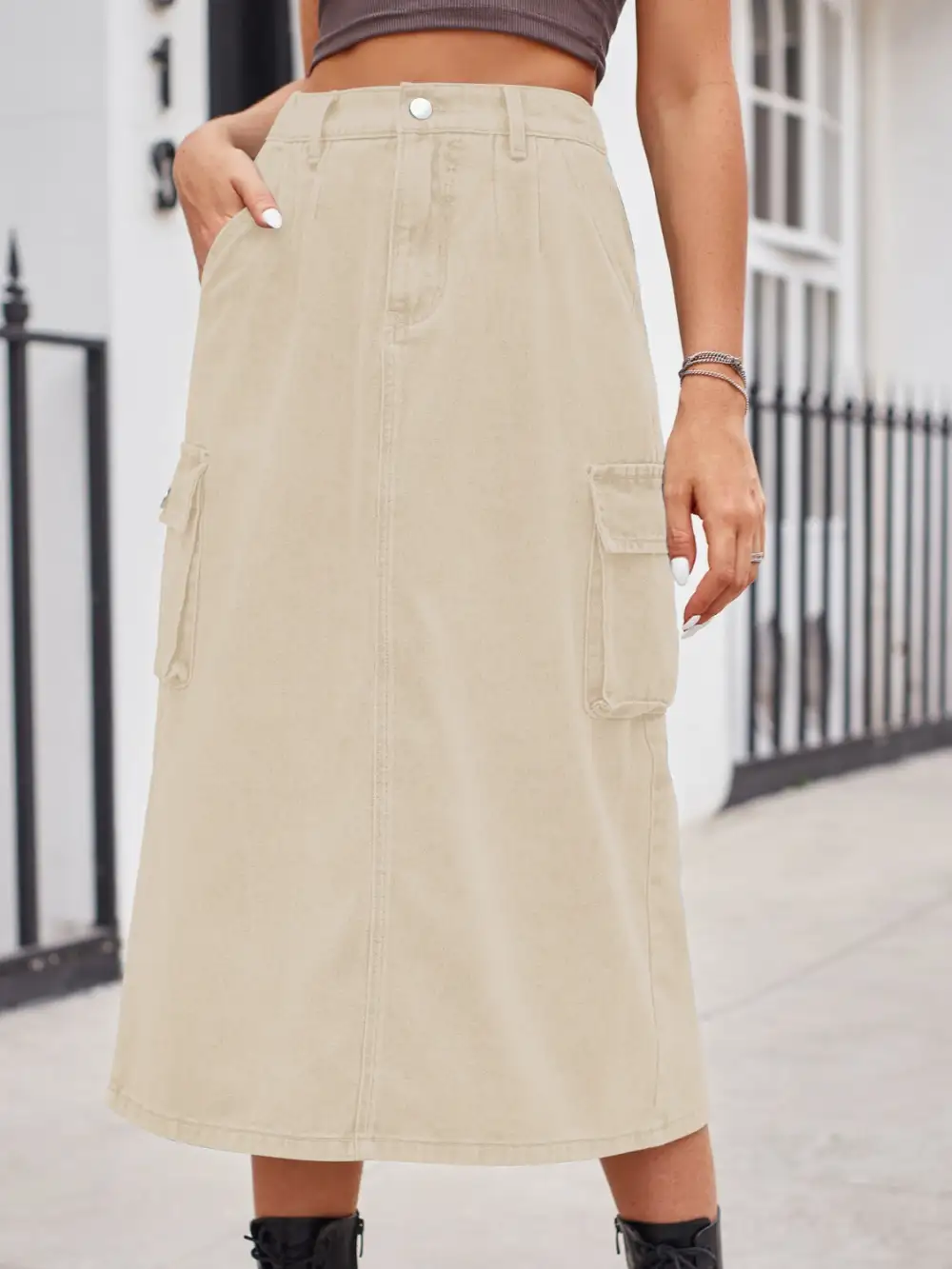 Simple Button Front Denim Detail Skirt