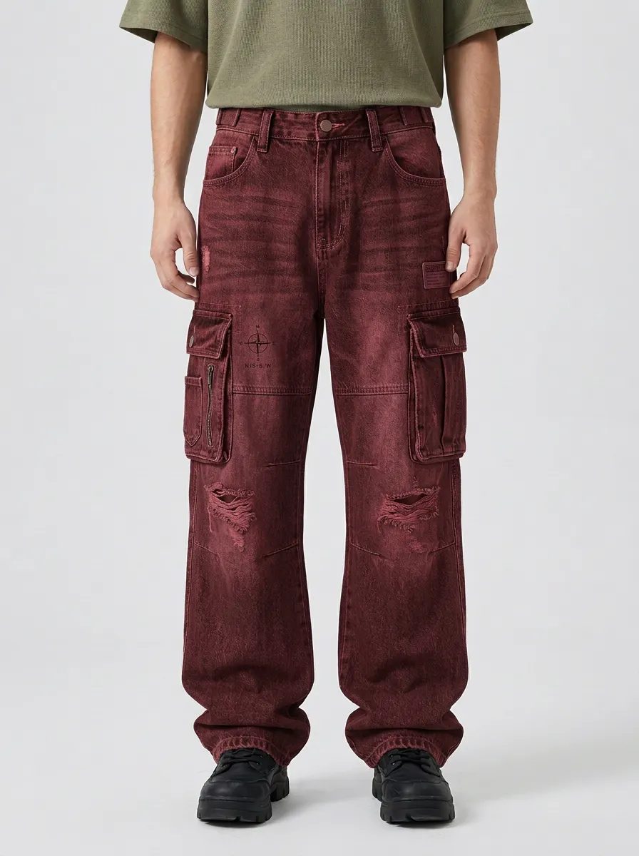 Men's Ridge Streetwear Compass Graphic Distressed Printed Cargo Jeans