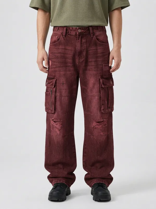 Men's Ridge Streetwear Compass Graphic Distressed Printed Cargo Jeans