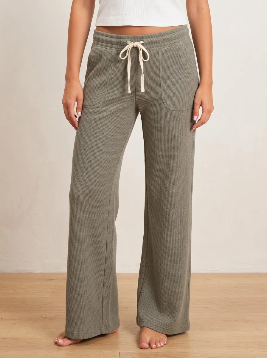 Women's Casual Lounge Waffle Knit Drawstring Wide Leg Pants