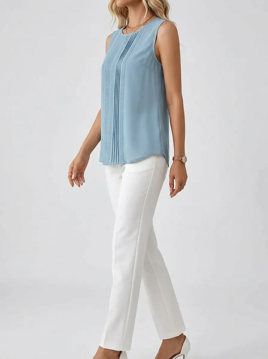 Pleated Lace Trim Sleeveless Blouse