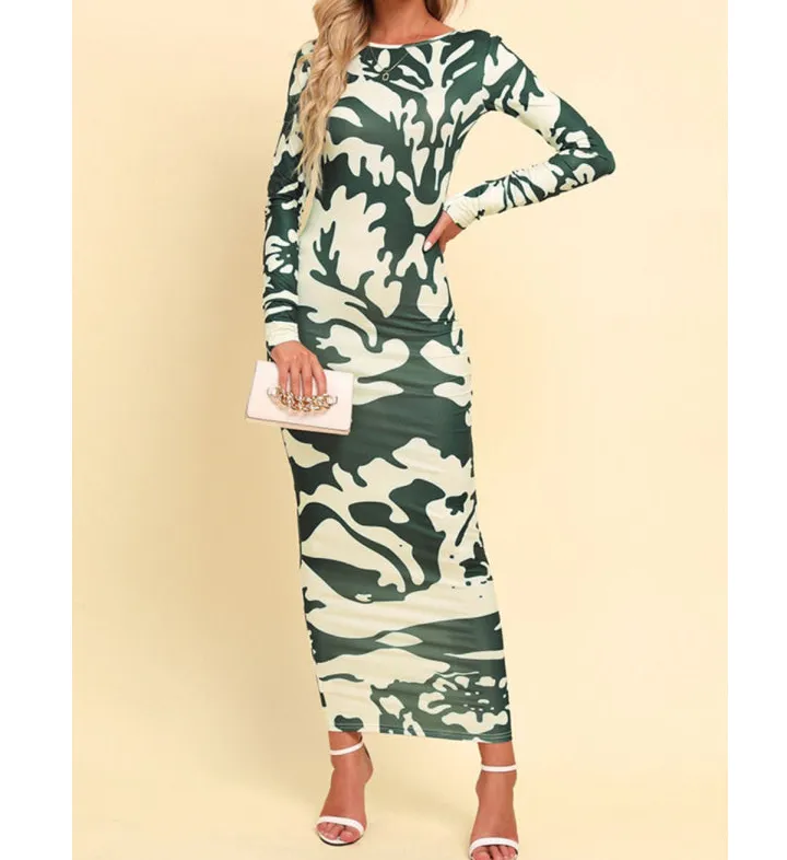 Printed Backless Long Sleeve Maxi Dress