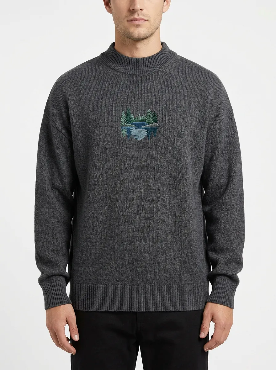 Men's Pine Forest Lake Embroidered Mock-Neck Knit Sweater