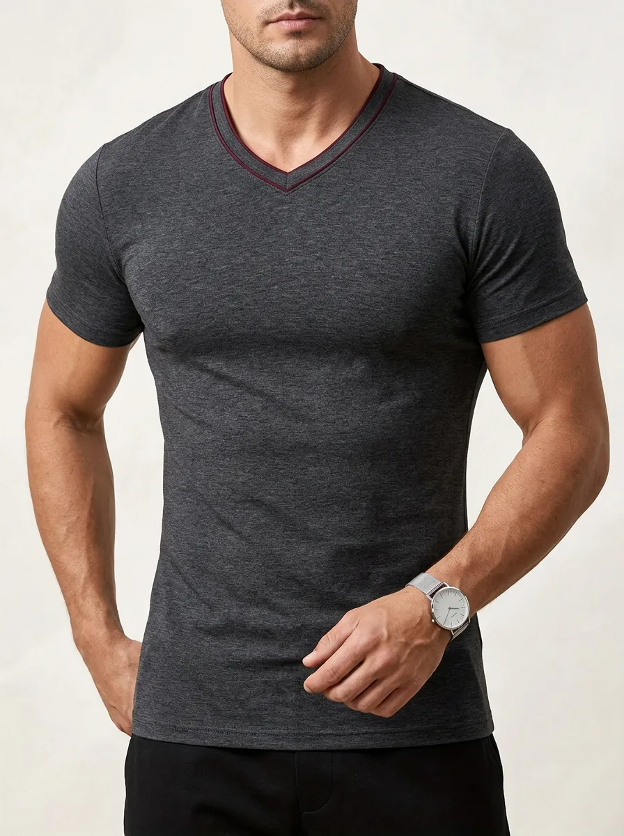 Classic Contrast Trim V-Neck Edit Men's Slim Fit Short Sleeve T-Shirt
