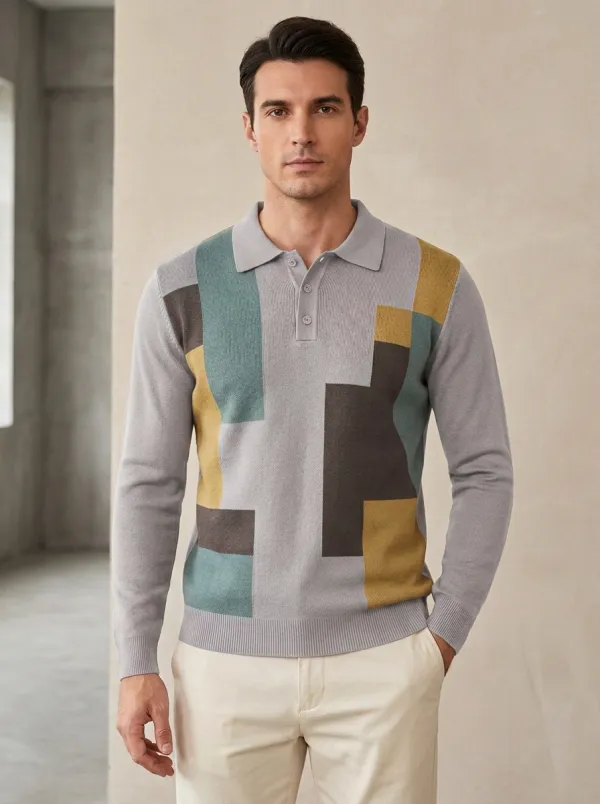 Men's Retro Geometric Pattern Colorblock Knitted Long Sleeve Polo Shirt