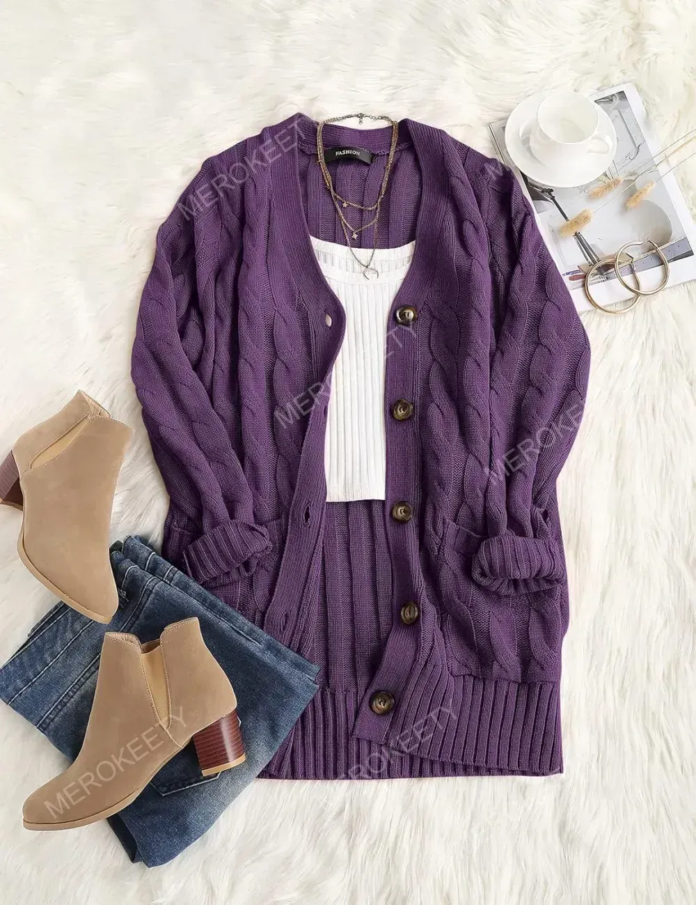 MEROKEETY Women's 2024 Fall Long Sleeve Cable Knit Sweater Open Front Cardigan Button Loose Outerwear
