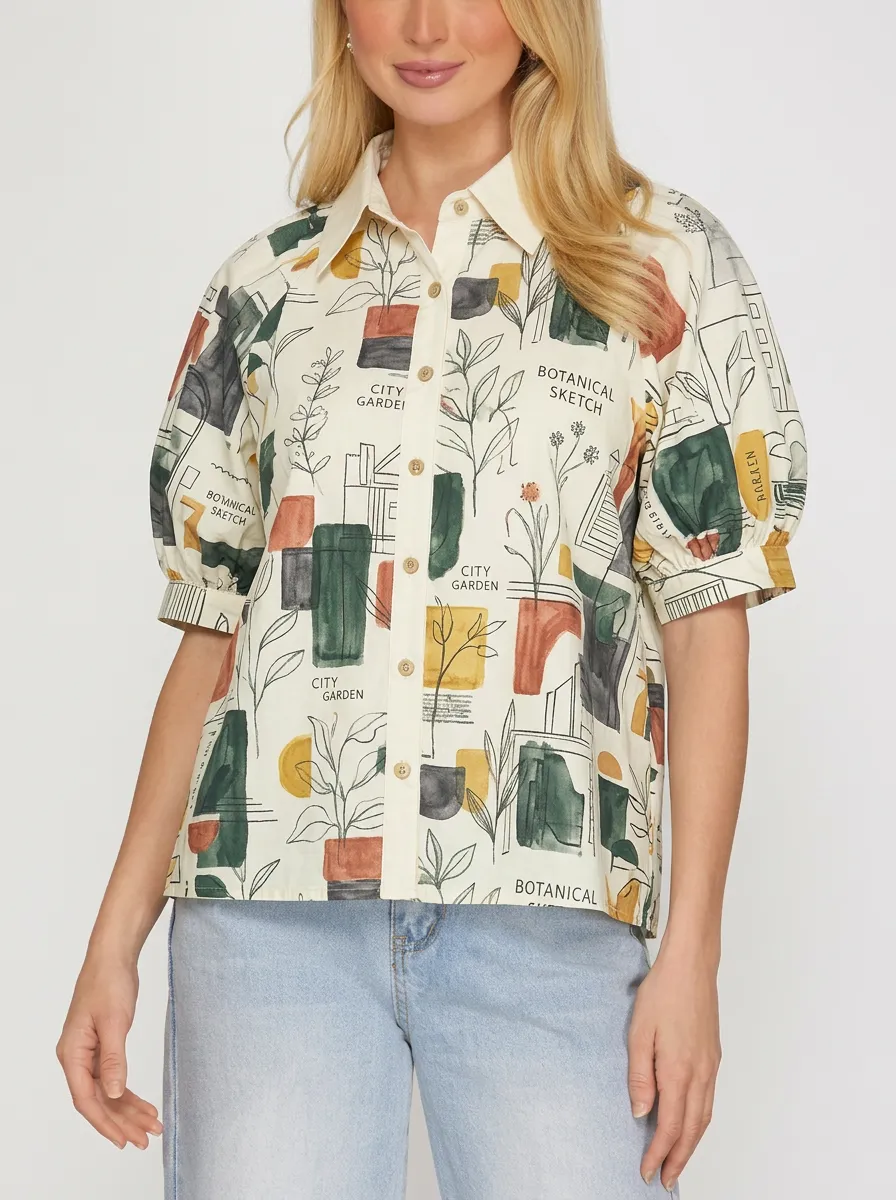 Women's Botanical City Garden Abstract Sketch Printed Shirt