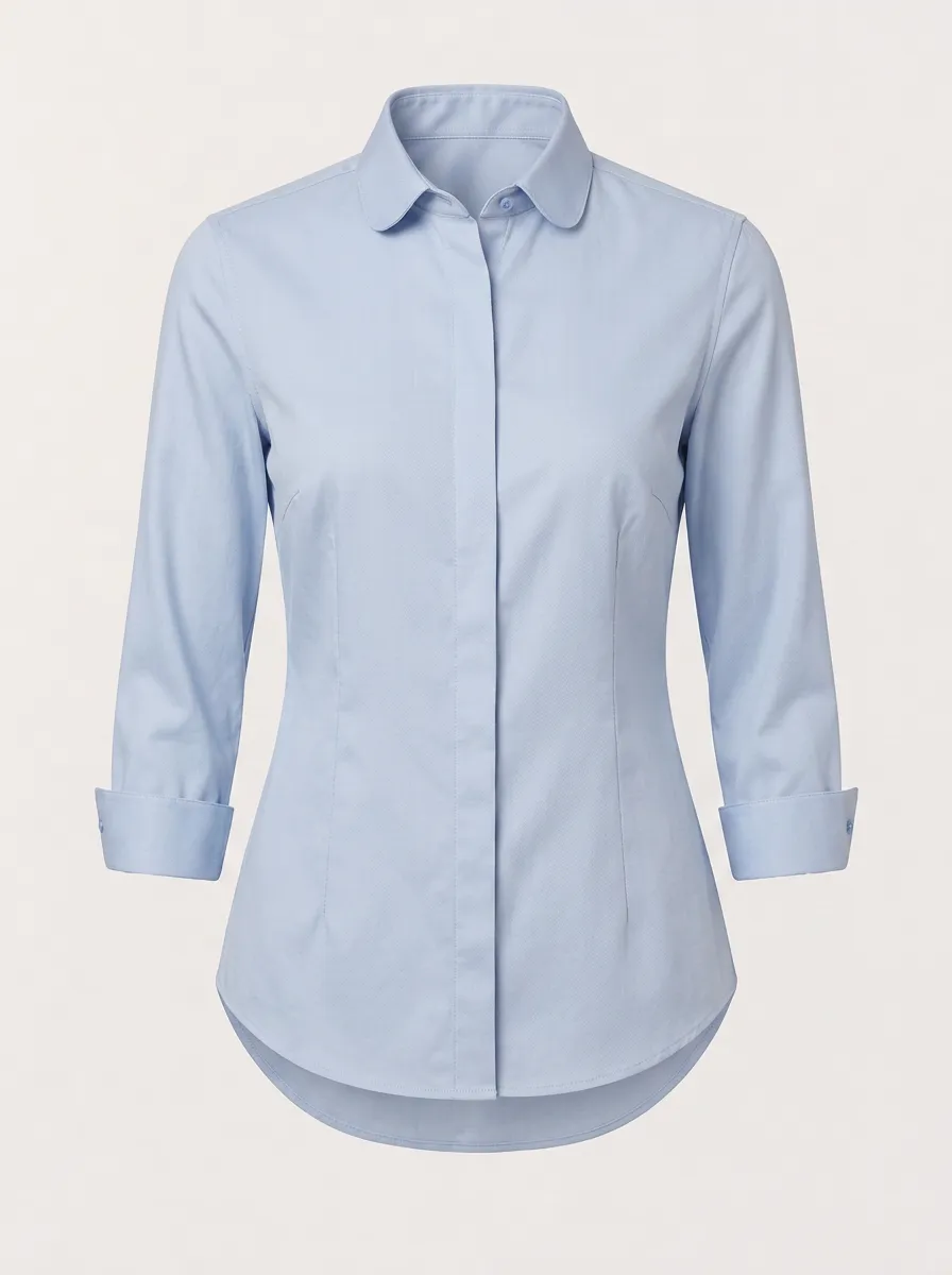 Women's Light Blue Solid Color Three-Quarter Sleeve Button Up Shirt