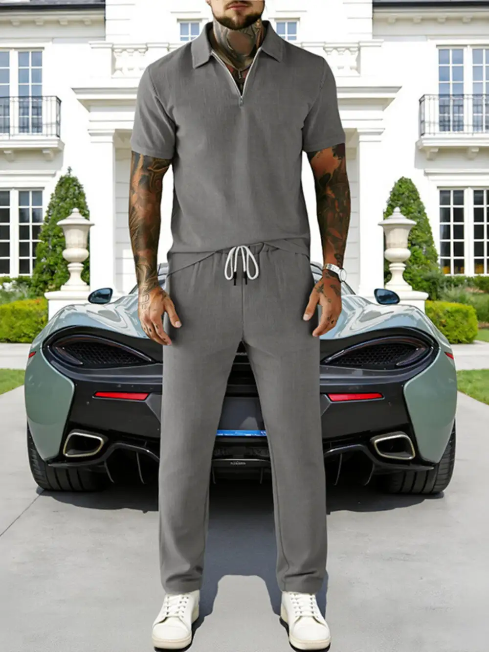 Men's Full Size Casual Zipper Polo Shirt and Pant Set