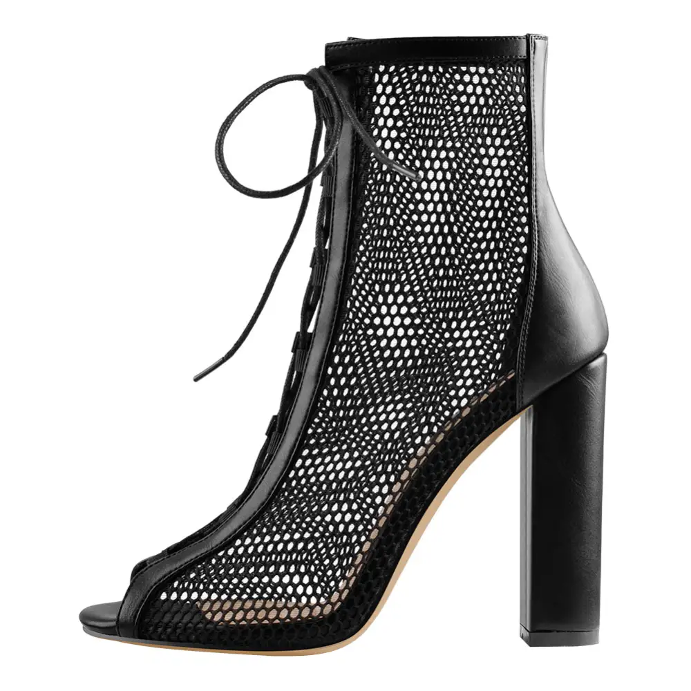 Chunky Heel Peep Toe Lace Up Mesh Ankle Bootie Sandals