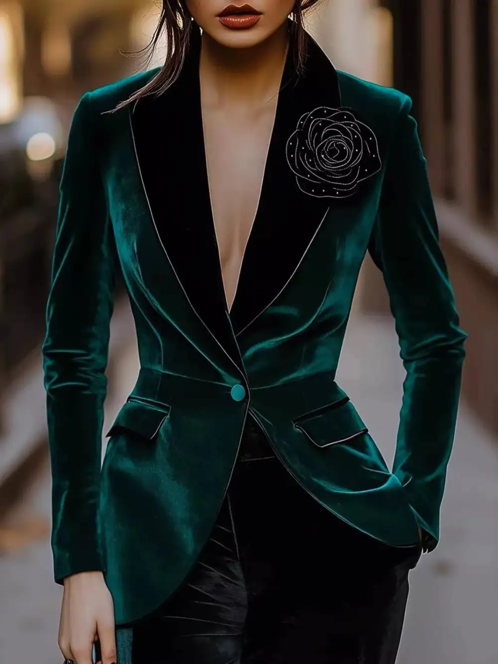 Single-Button Rose-Embellished Velvet Blazer