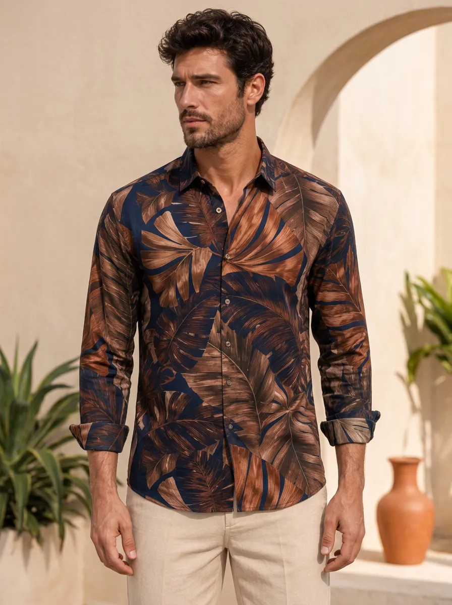 Men's Tropical Leaf Pattern Brown Navy Printed Long Sleeve Shirt