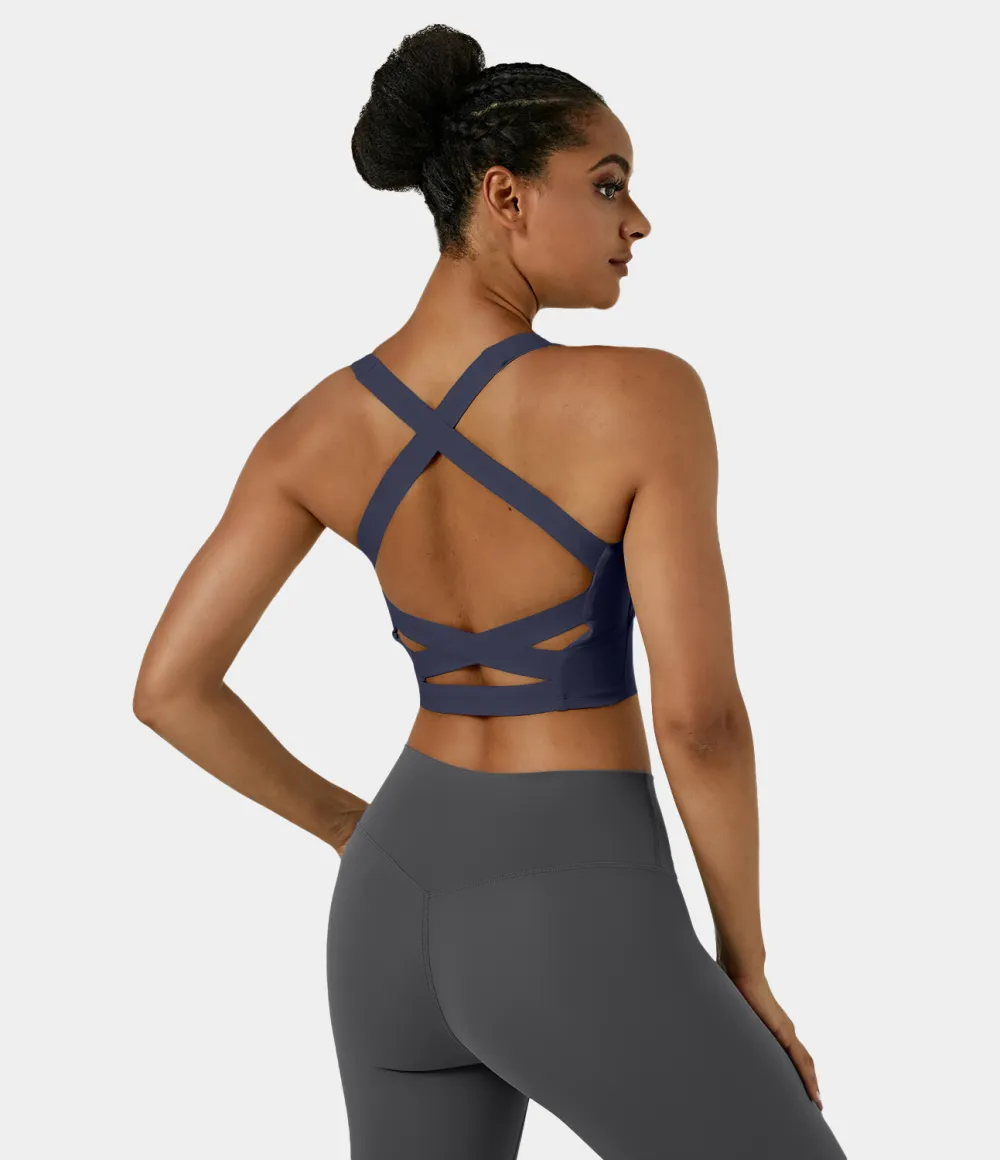 Softlyzero Airy Square Neck Backless Crisscross Cropped Cool Touch Yoga Tank Top-UPF50+