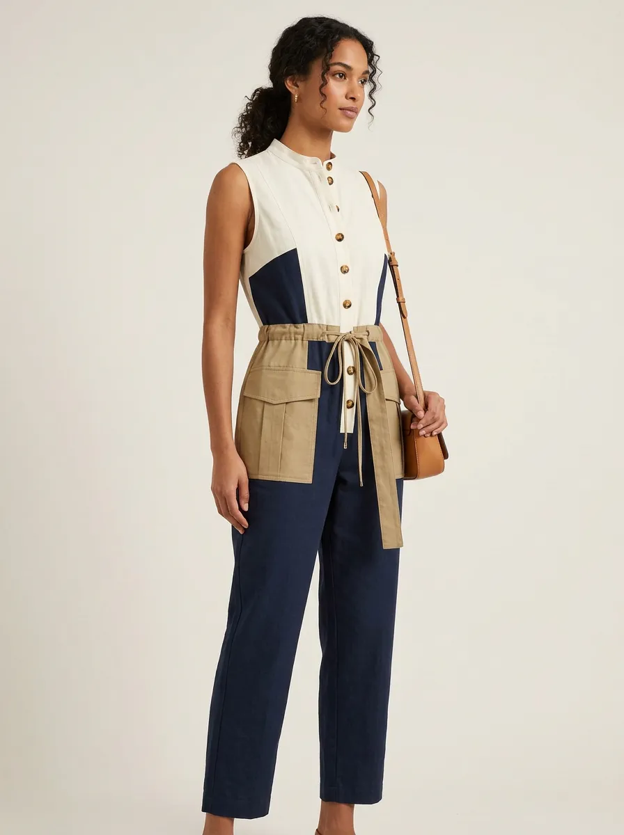 Women's Utility Colorblock Button-Down Drawstring Jumpsuit