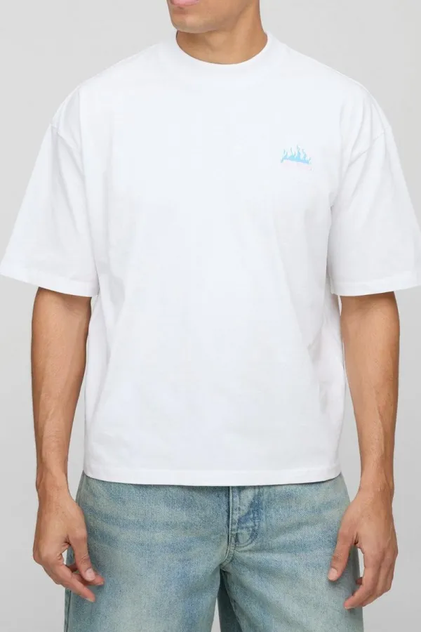 Oversized Extended Neck Man Multi Flame Palm Crew Neck T-Shirt