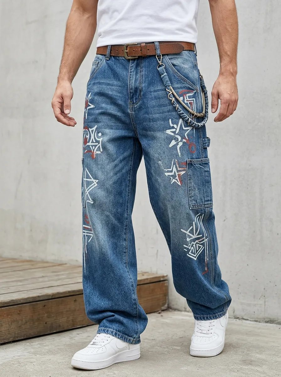 Unisex Streetwear Graffiti Star Cargo Jeans