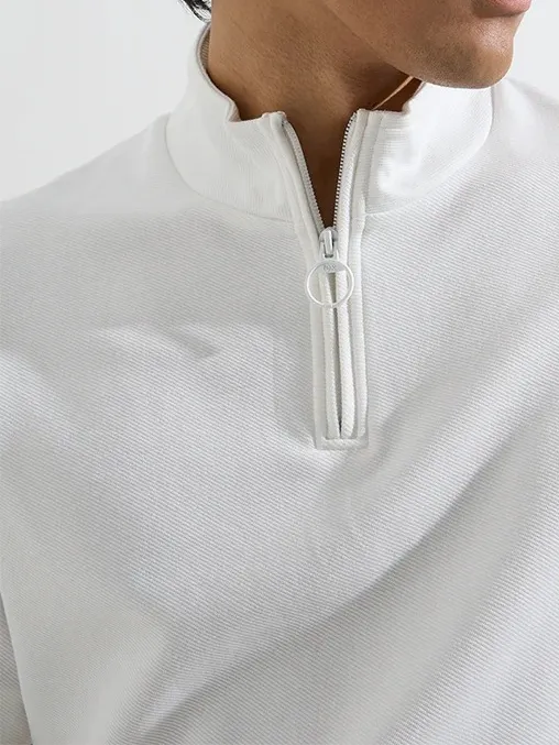 White Zip Collar Loose Cotton Blend T-Shirt