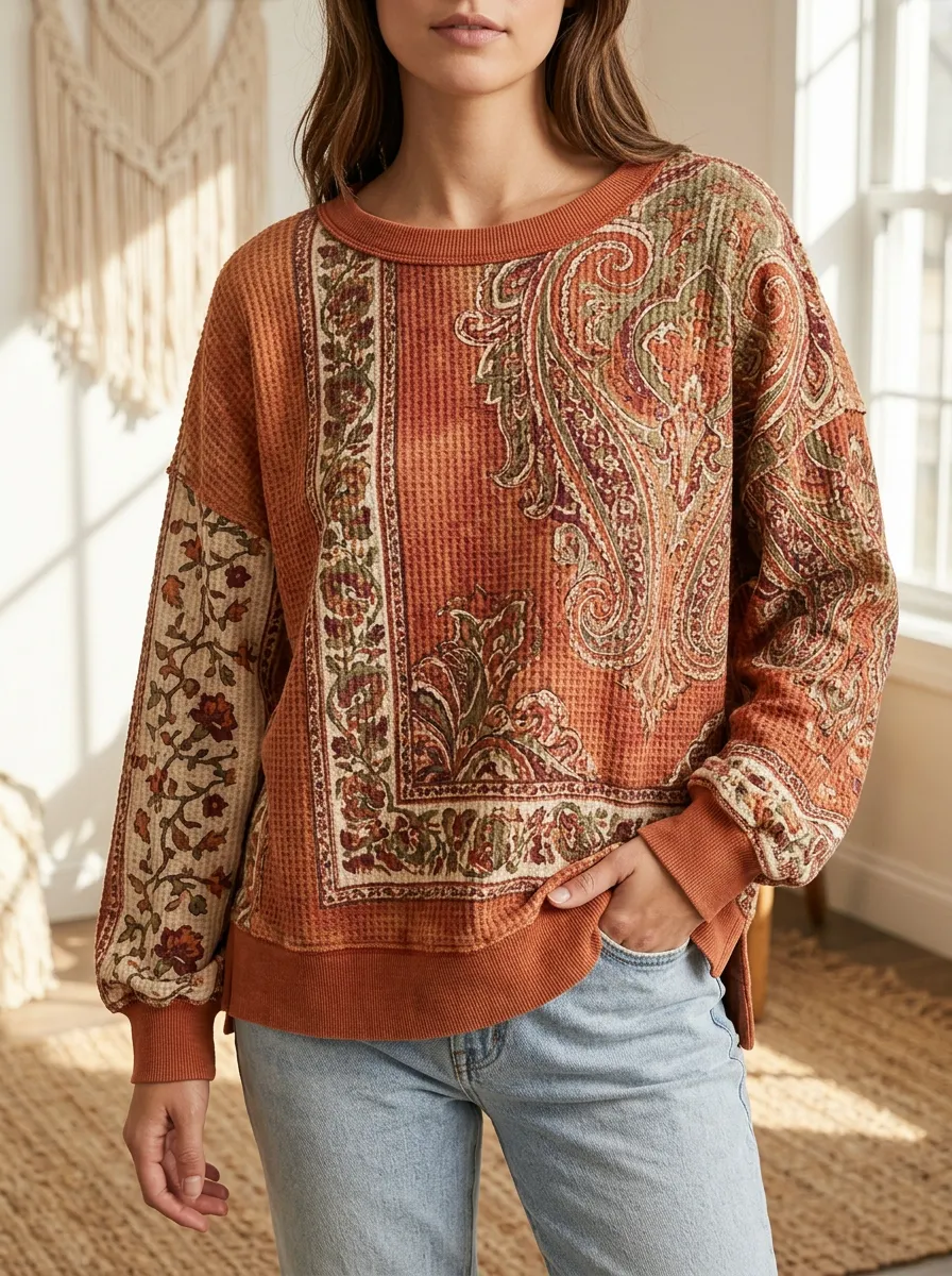 Women's Graphic Boho Paisley Floral Waffle Knit Crewneck Sweatshirt