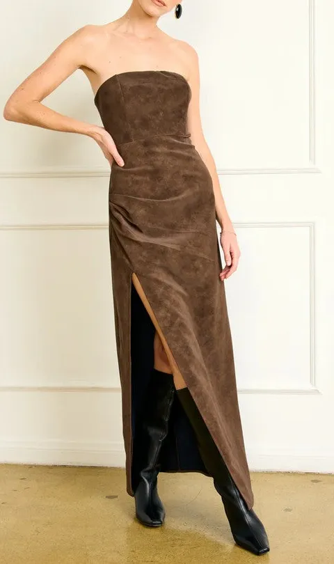 Brown Faux Leather Strapless Side Slit Dress