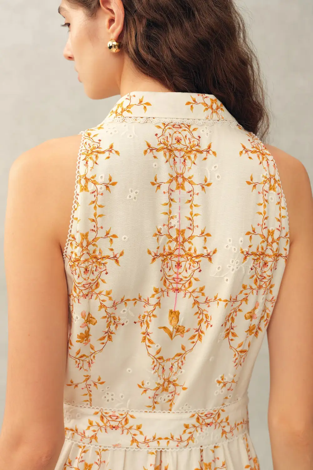 Sleeveless Belted Embroidered Floral Linen Blend Midi Dress
