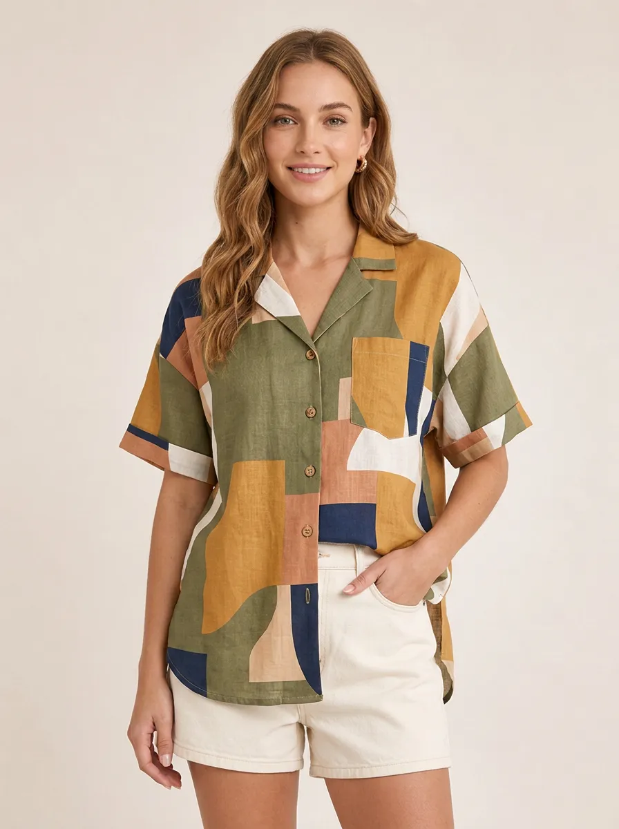 Women's Abstract Geometric Pattern Printed Button Down Shirt