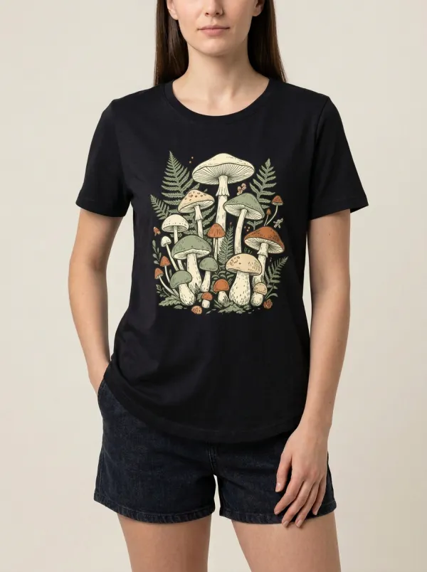 Women's Mushroom-Fern-Graphic Crewneck T-Shirt