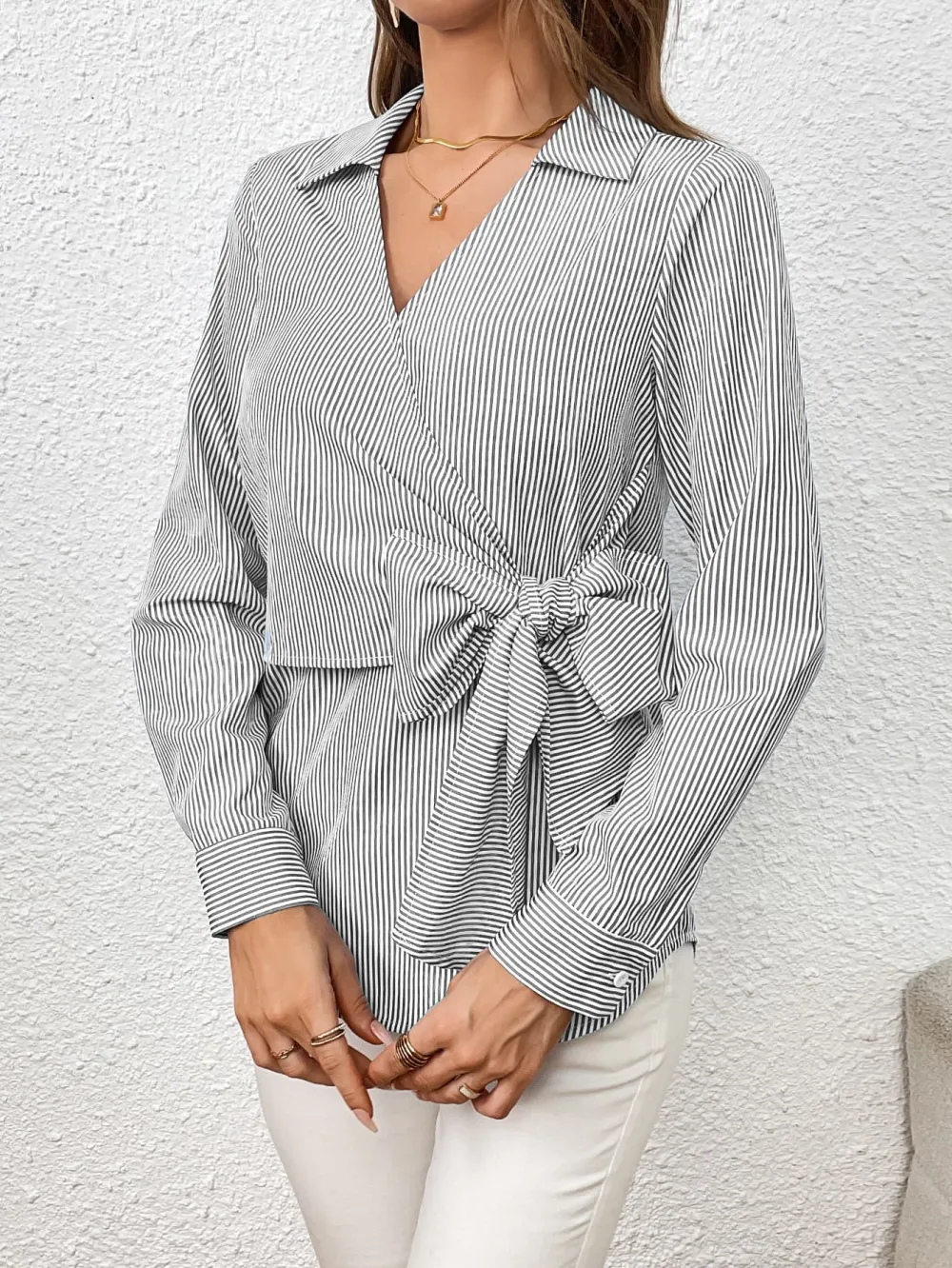 Tie-Waist Johnny-Collar Long-Sleeve Sheer Blouse