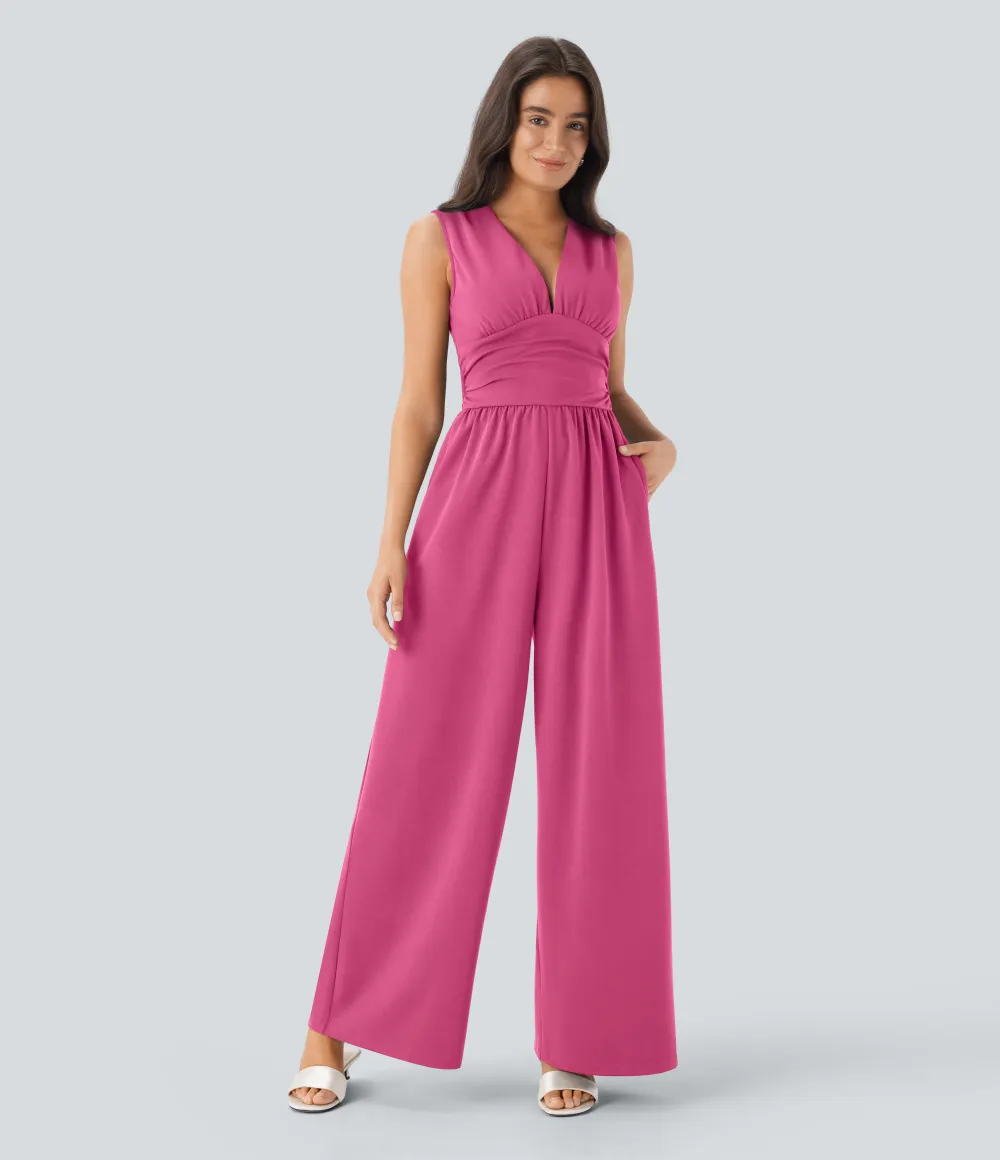 SculptKnit V Neck Sleeveless Ruched Pocket Jumpsuit-Easy Peezy