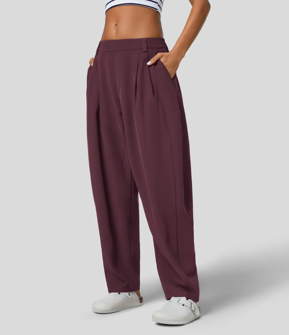 Mid Rise Plicated Side Pocket Barrel Leg Work Pants