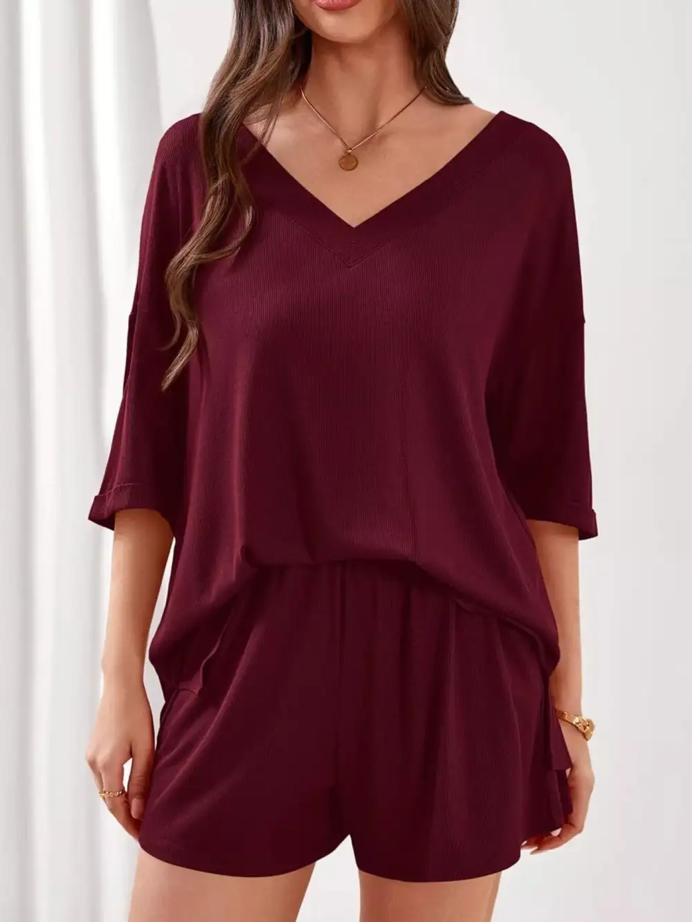 Casual Solid Color V Neck Top and Shorts Set