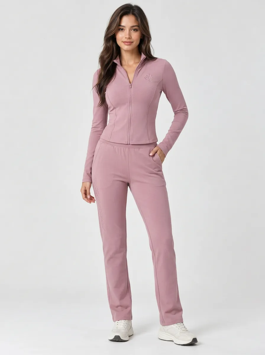 Women's Rose Graphic Mauve Zip-up Tracksuit Set