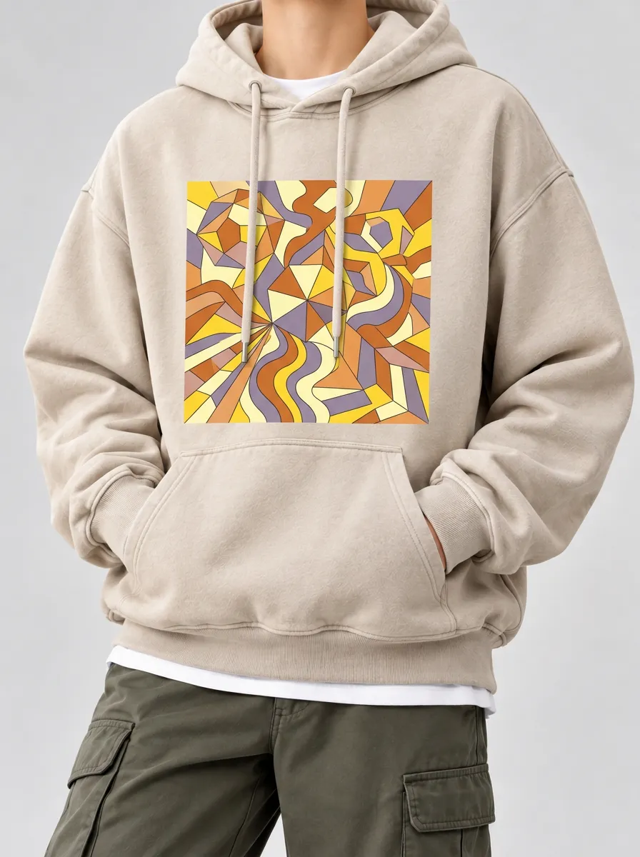 Unisex Geometric Patterned Hooded Sweatshirt with Retro Motif