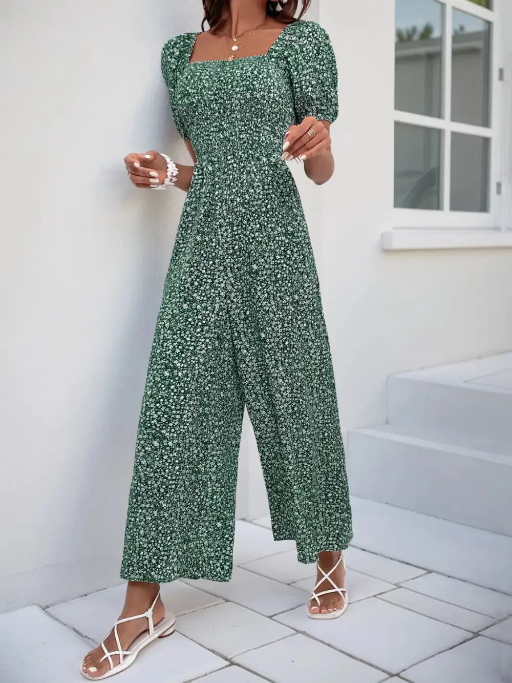 Printed Square Neck Puff Sleeve Everyday Jumpsuit