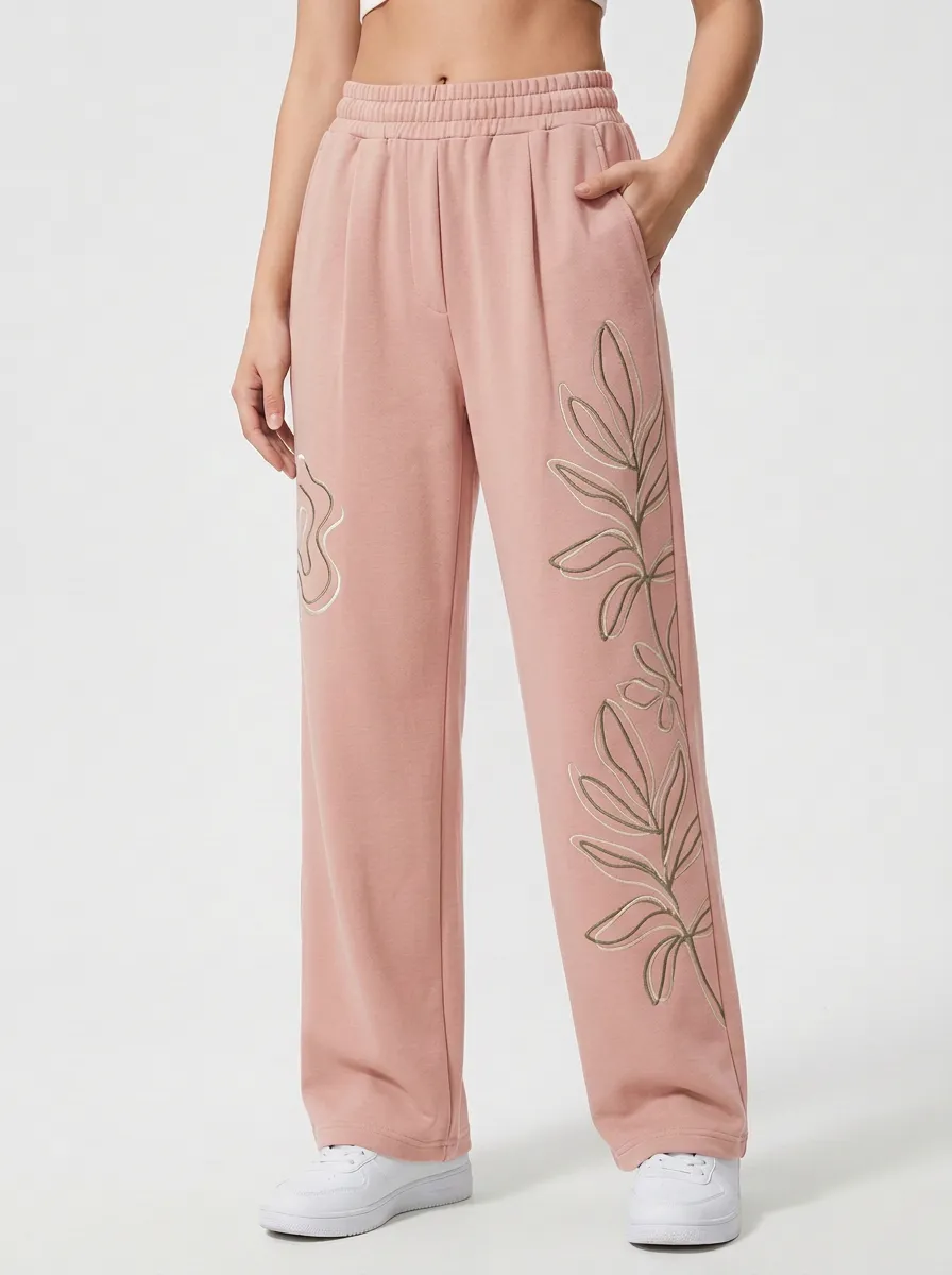 Women's Sage Green Botanical Embroidery Wide-Leg Sweatpants