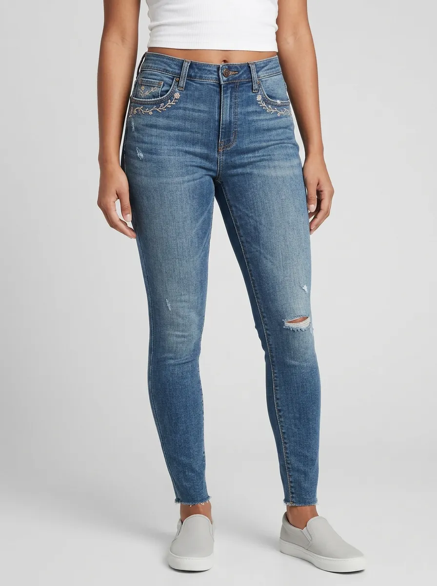 Women's Marin Floral Embroidery Distressed Printed Slim Jeans