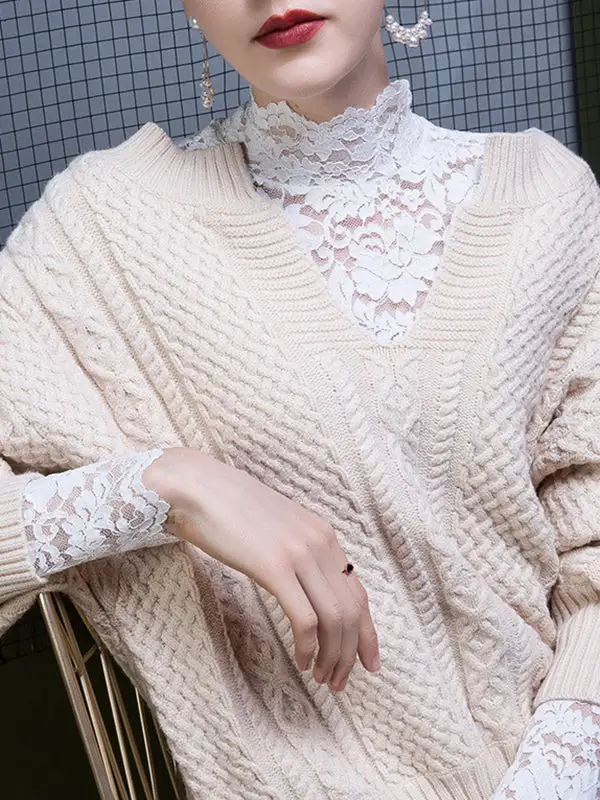 Long Sleeve Curve Fit Gauze Sheer Panel Detail High Neck T-Shirt