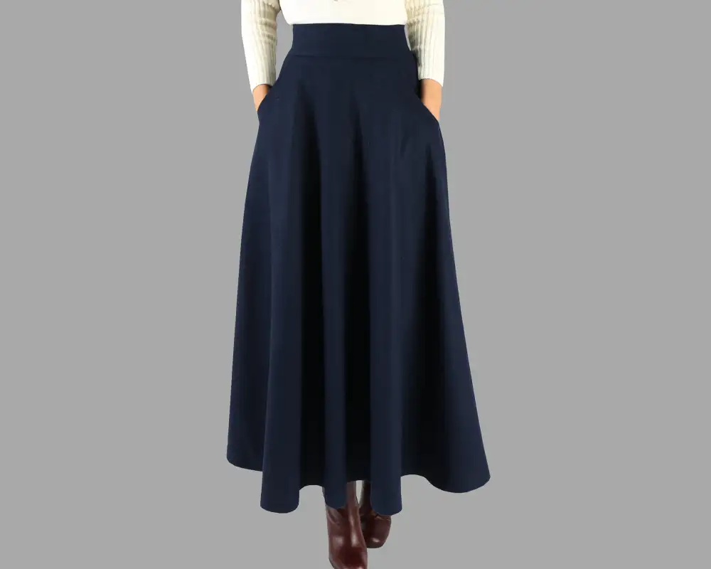 Pleated Wool A Line Maxi Skirt